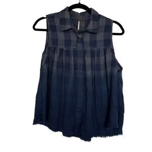 Free People Hey There Sunrise Button Up Shirt, Blue Checkered Dip Dye, Size S